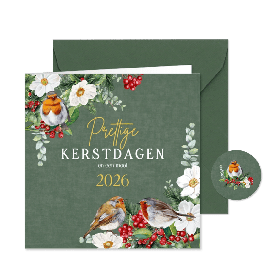 Kerstkaart roodborstjes op groen fluweellook - Kaartimpressie