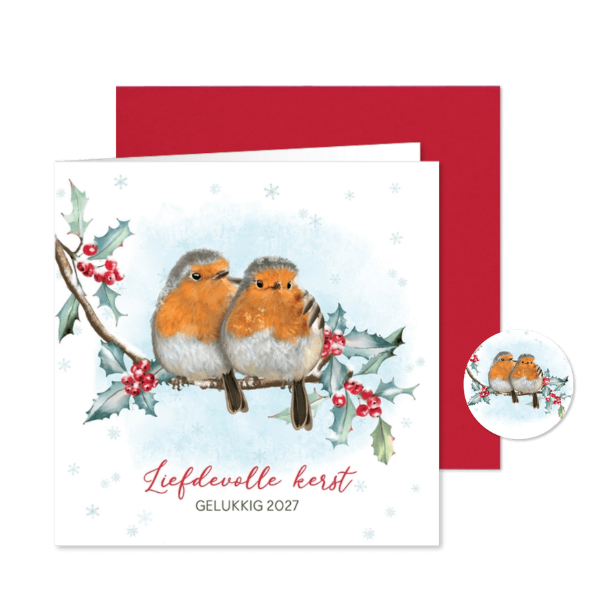 Kerstkaart roodborstjes op hulst rode bessen - Kaartimpressie