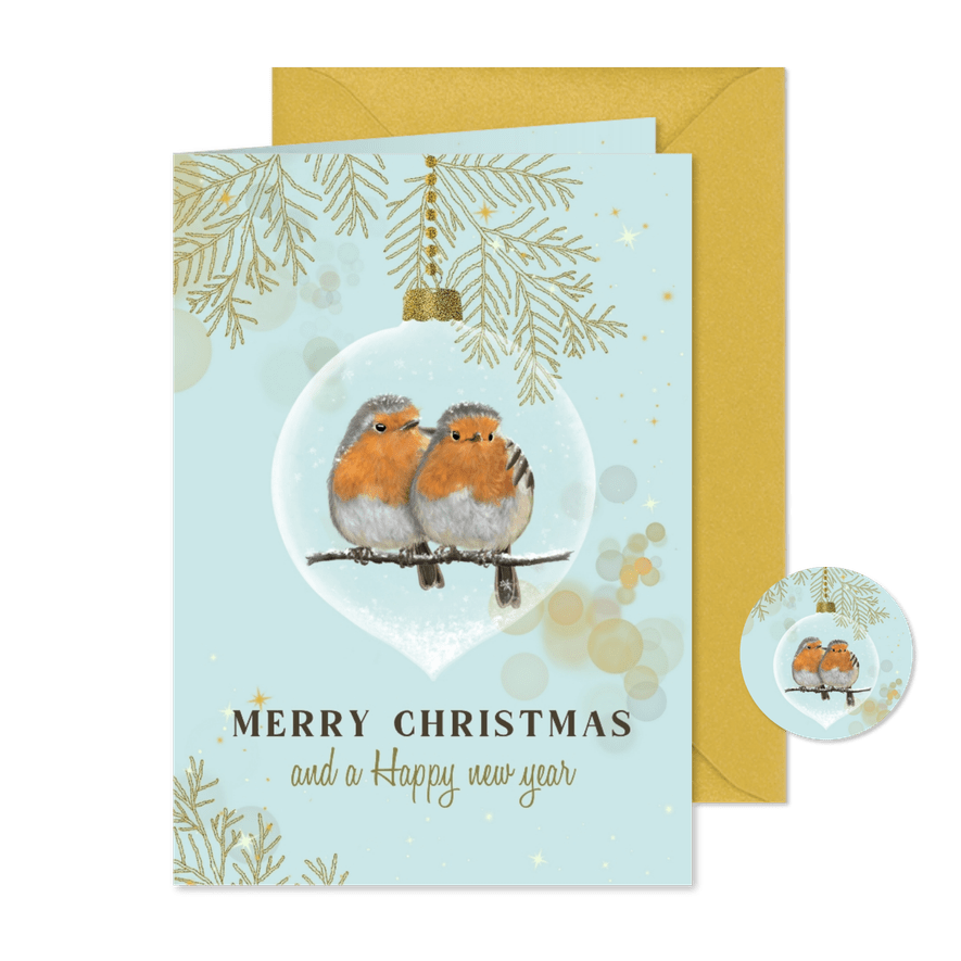 Kerstkaart roodborstjes samen in glazen kerstbal - Kaartimpressie