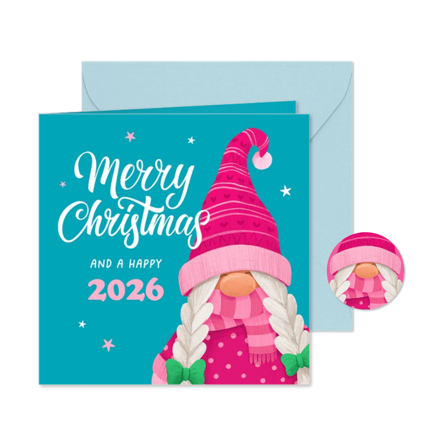 Kerstkaart roze gnoom hip grappig sterretjes merry christmas - Kaartimpressie