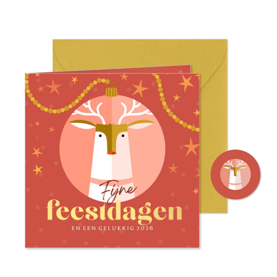 Kerstkaart roze kerstbal met hert - Kaartimpressie