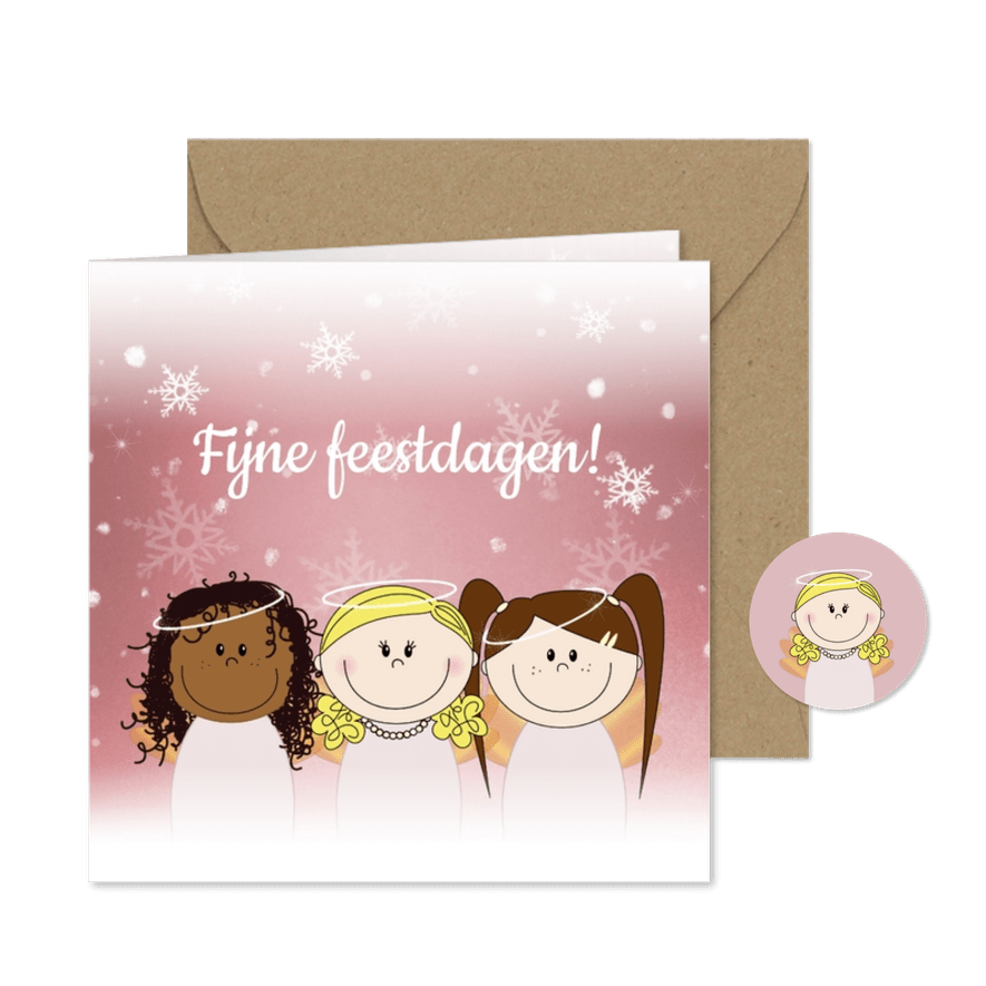 Kerstkaart roze met schattige engeltjes - Kaartimpressie