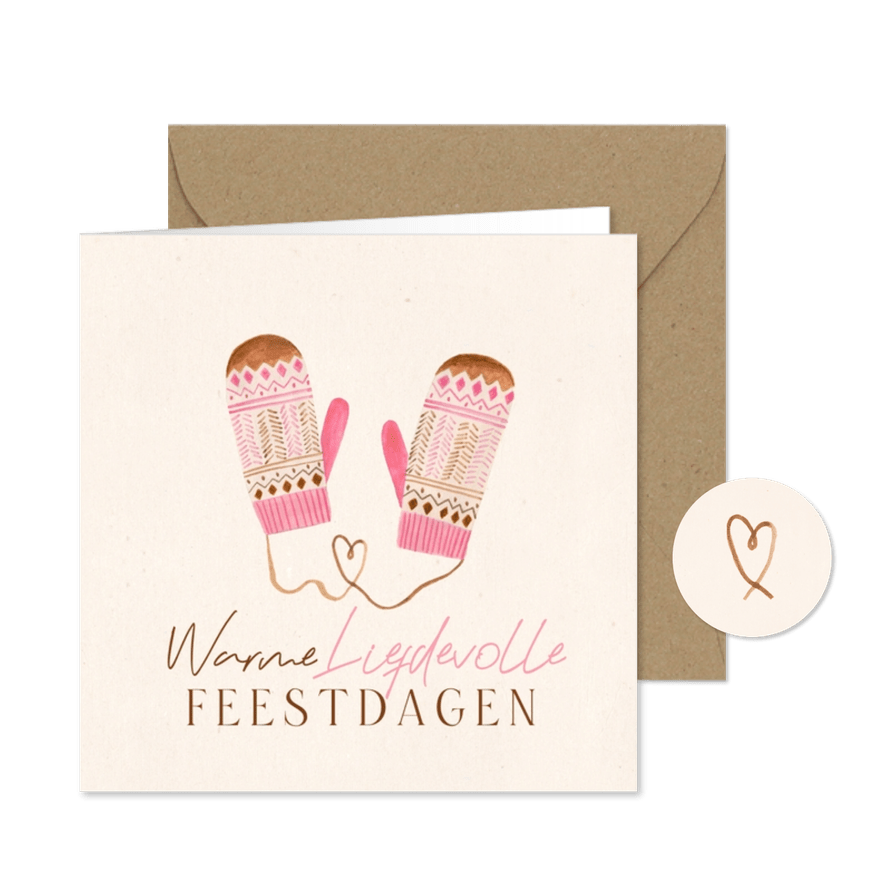 Kerstkaart roze wanten liefdevolle feestdagen hartje - Kaartimpressie