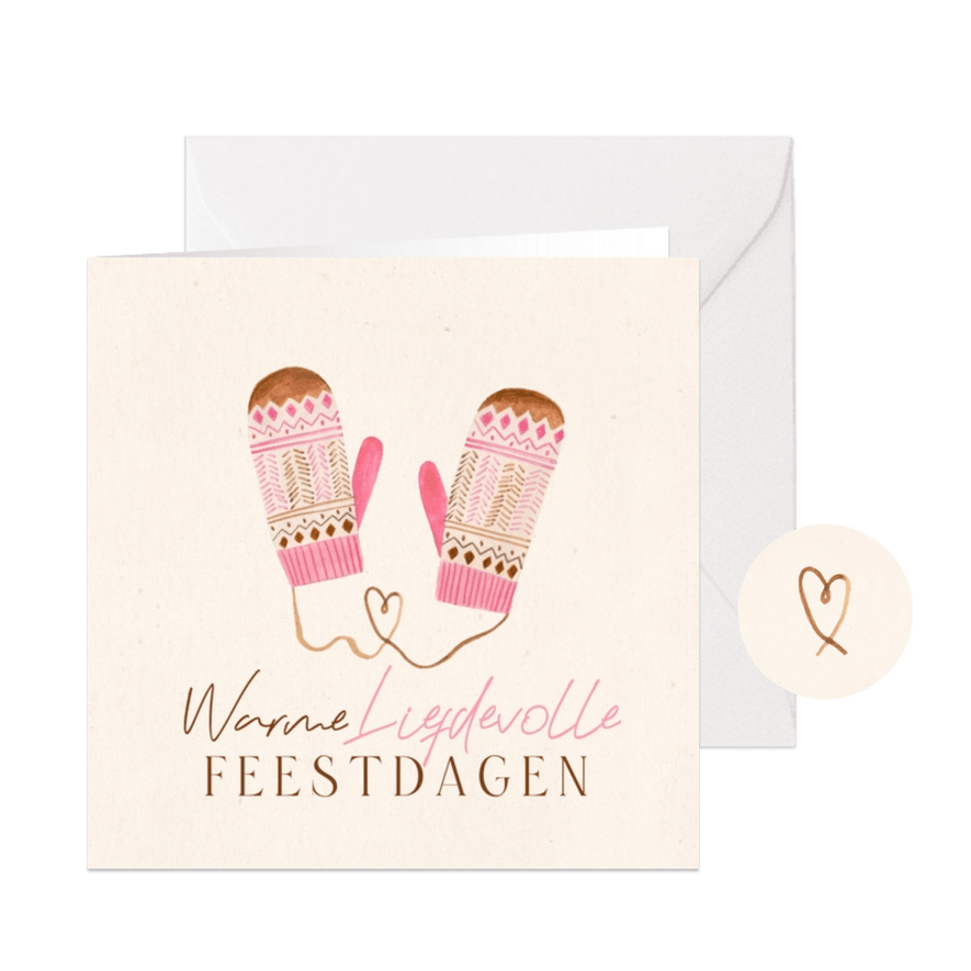 Kerstkaart roze wanten liefdevolle feestdagen hartje - Kaartimpressie