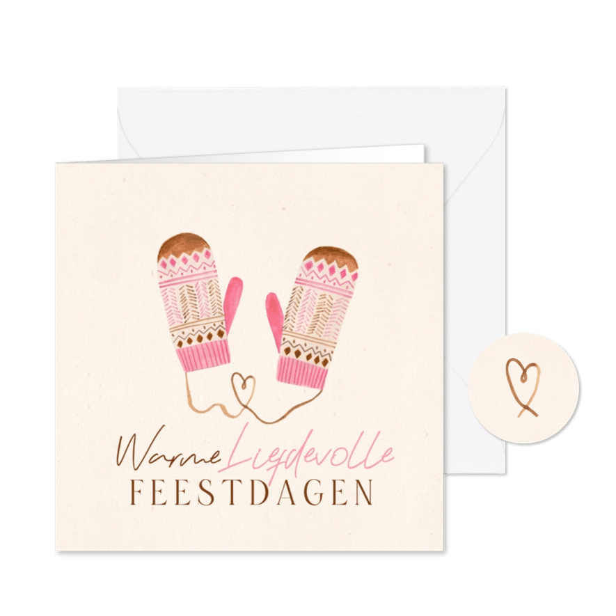 Kerstkaart roze wanten liefdevolle feestdagen hartje - Kaartimpressie