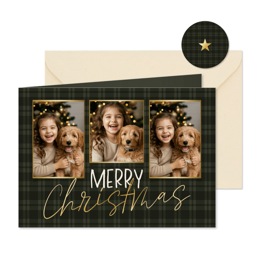 Kerstkaart ruitjes groen fotocollage merry christmas - Kaartimpressie