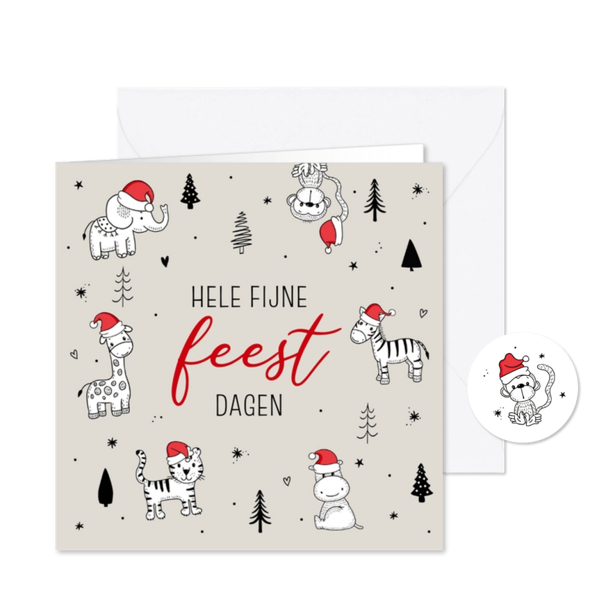 Kerstkaart safari dieren kerstmuts kerstbomen - Kaartimpressie