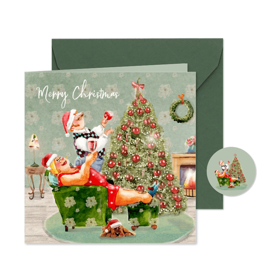 Kerstkaart samen de kerstboom versieren - Kaartimpressie