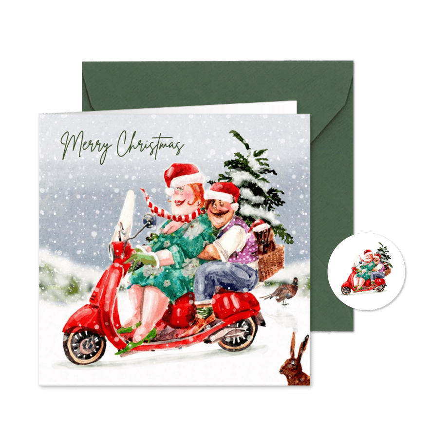 Kerstkaart samen gezellig op de scooter door de sneeuw - Kaartimpressie