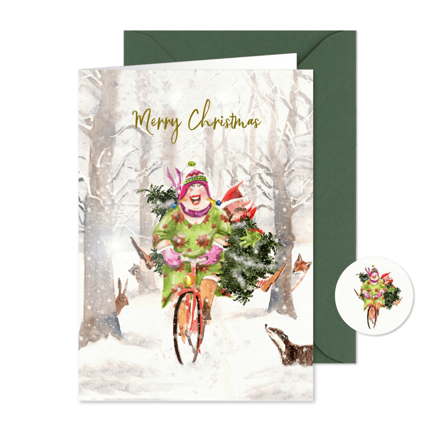 Kerstkaart samen op de fiets met boom verticaal - Kaartimpressie