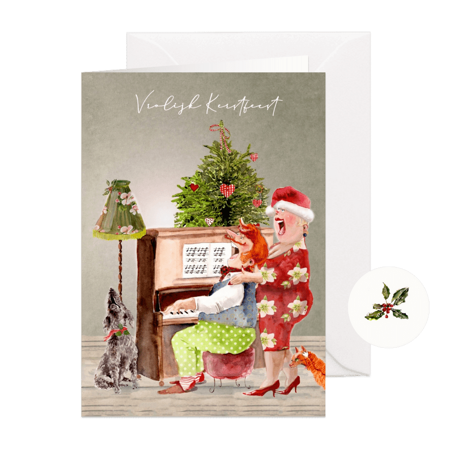 Kerstkaart Samen zingend achter de piano - Kaartimpressie