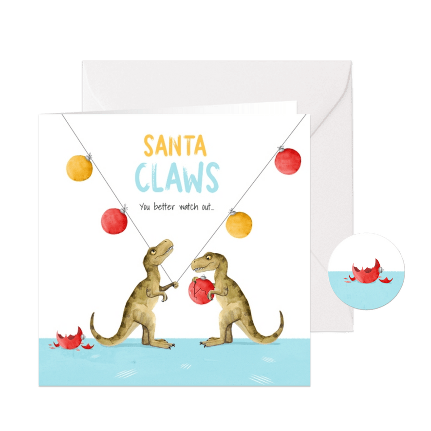 Kerstkaart santa claws dino kerstballen  - Kaartimpressie