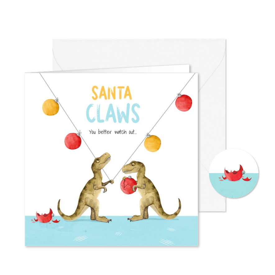 Kerstkaart santa claws dino kerstballen  - Kaartimpressie