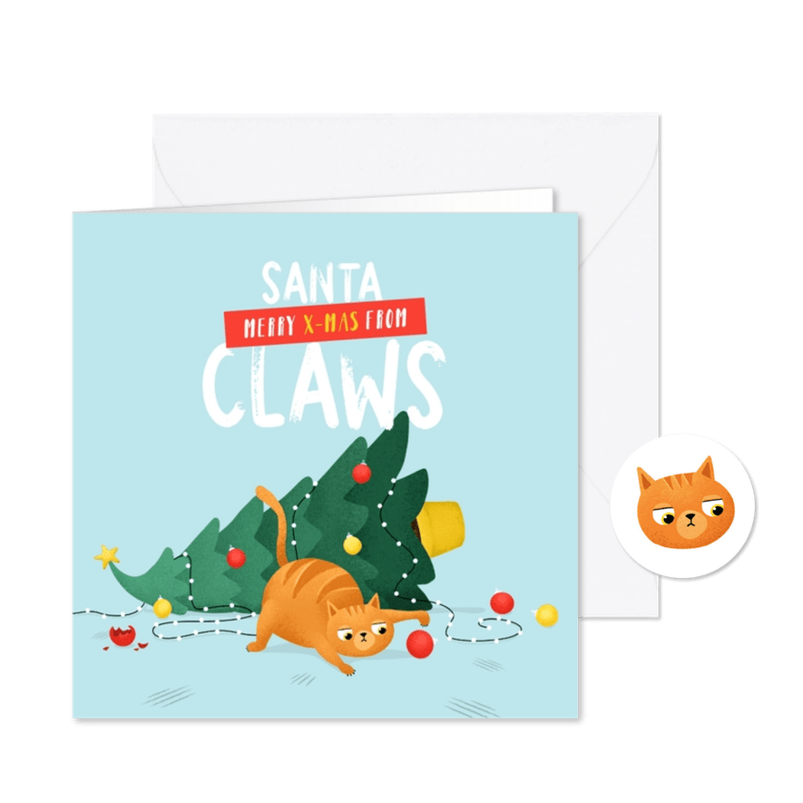 Kerstkaart santa claws kat boom humor illustratie - Kaartimpressie