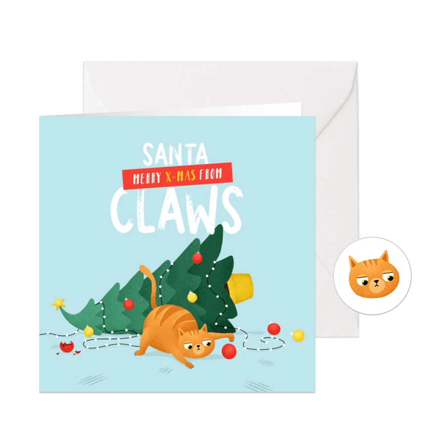 Kerstkaart santa claws kat boom humor illustratie - Kaartimpressie