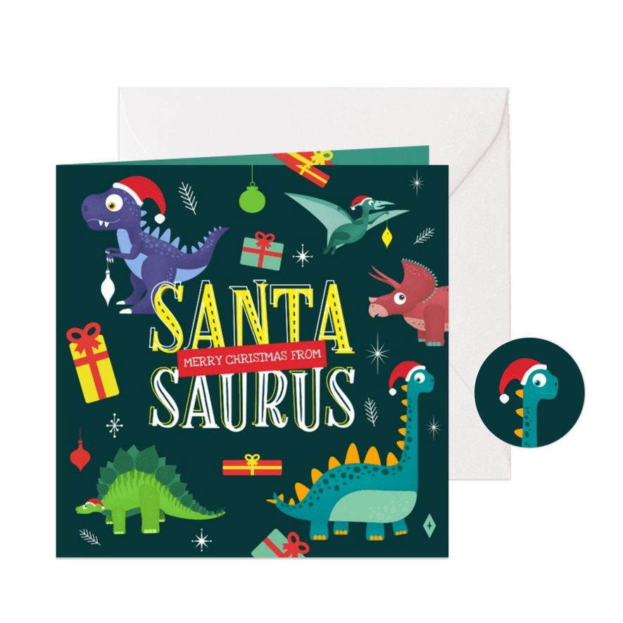 Kerstkaart Santasaurus dino vrolijk cadeautjes crazy - Kaartimpressie