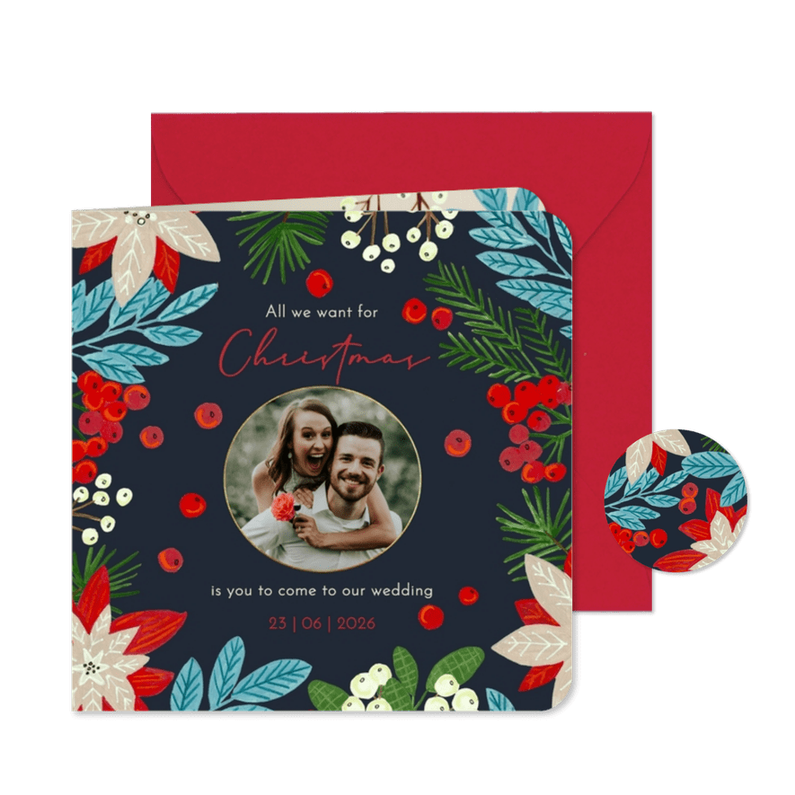 Kerstkaart Save the Date botanisch met foto - Kaartimpressie