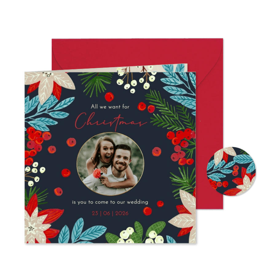 Kerstkaart Save the Date botanisch met foto - Kaartimpressie