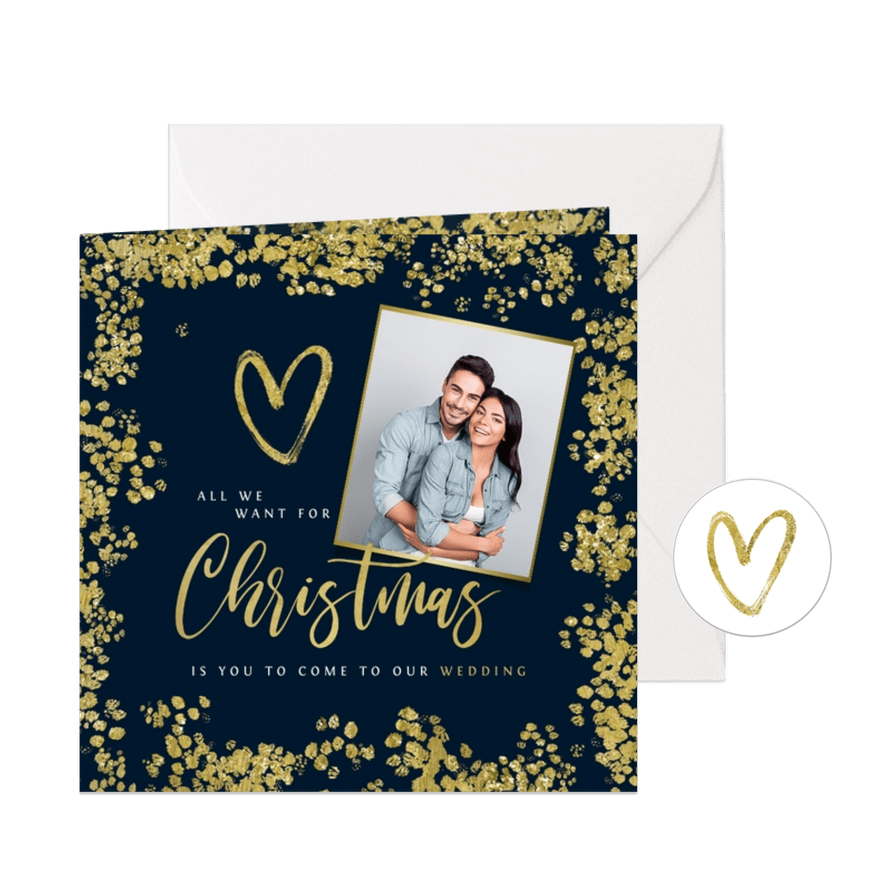 Kerstkaart save the date goud confetti hartjes foto - Kaartimpressie