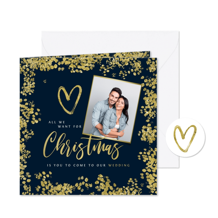 Kerstkaart save the date goud confetti hartjes foto - Kaartimpressie