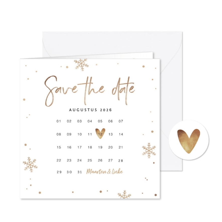 Kerstkaart save the date goud confetti sneeuwvlokken foto - Kaartimpressie