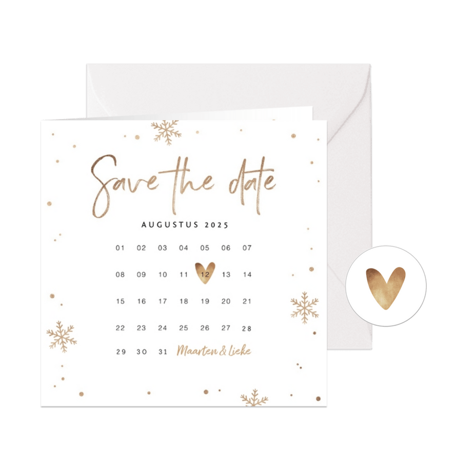 Kerstkaart save the date goud confetti sneeuwvlokken foto - Kaartimpressie