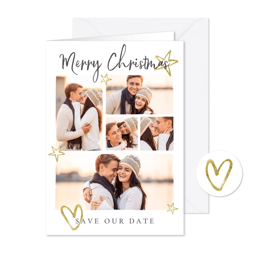 Kerstkaart save the date goud sterren hartje fotocollage - Kaartimpressie