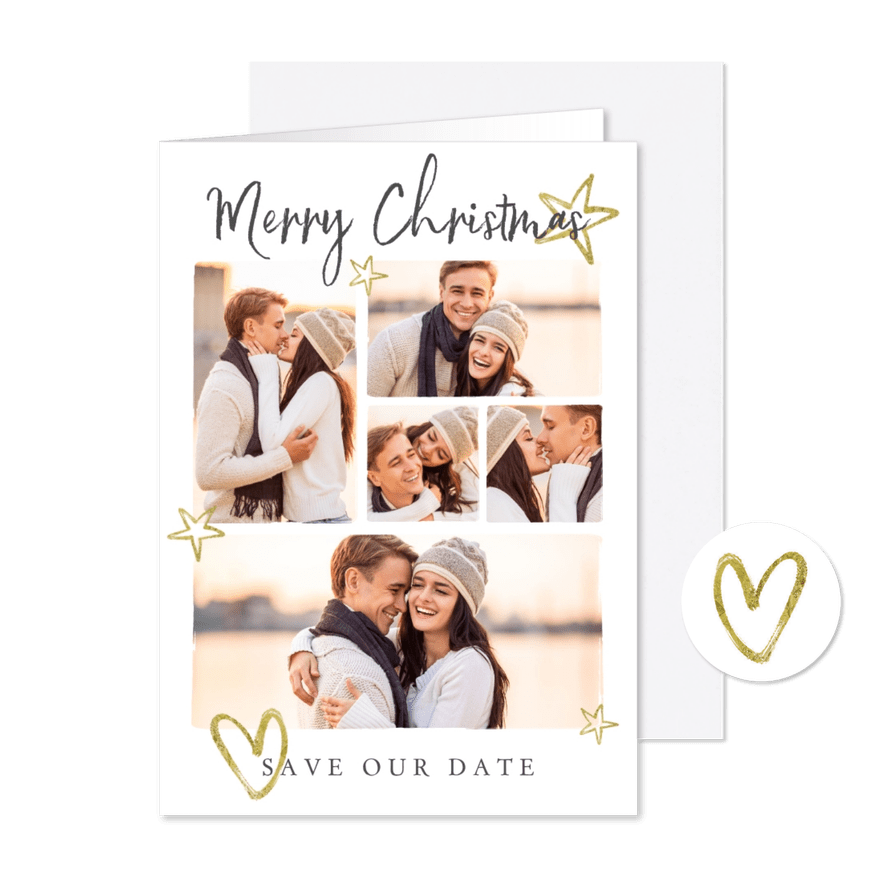Kerstkaart save the date goud sterren hartje fotocollage - Kaartimpressie