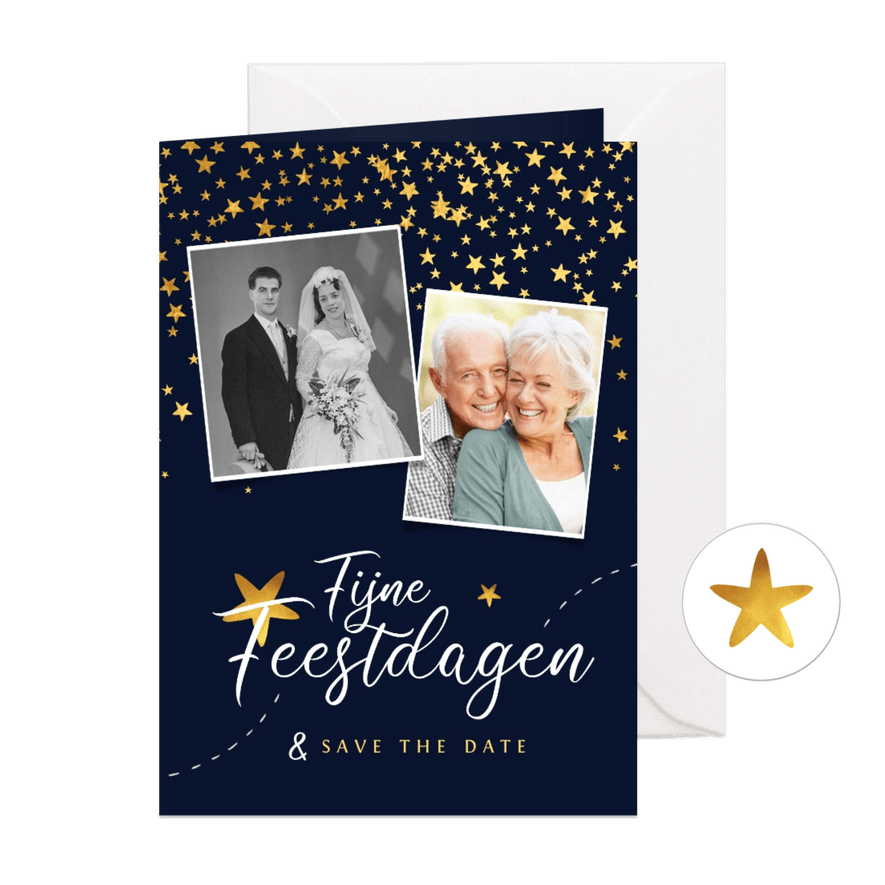 Kerstkaart save the date jubileum sterren goud confetti foto - Kaartimpressie