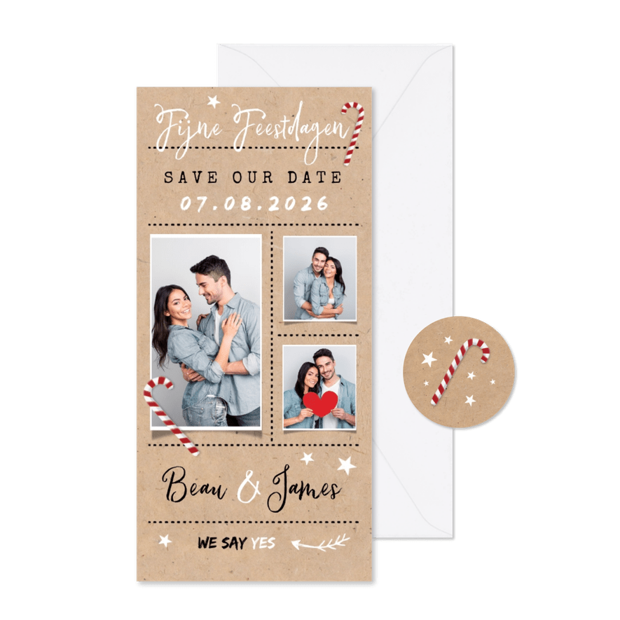 Kerstkaart save the date kraft zuurstokjes fotocollage ster - Kaartimpressie