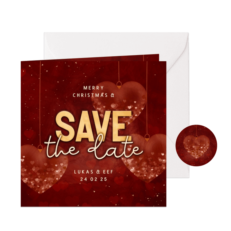 Kerstkaart save the date met hartjes kerstballen rood - Kaartimpressie