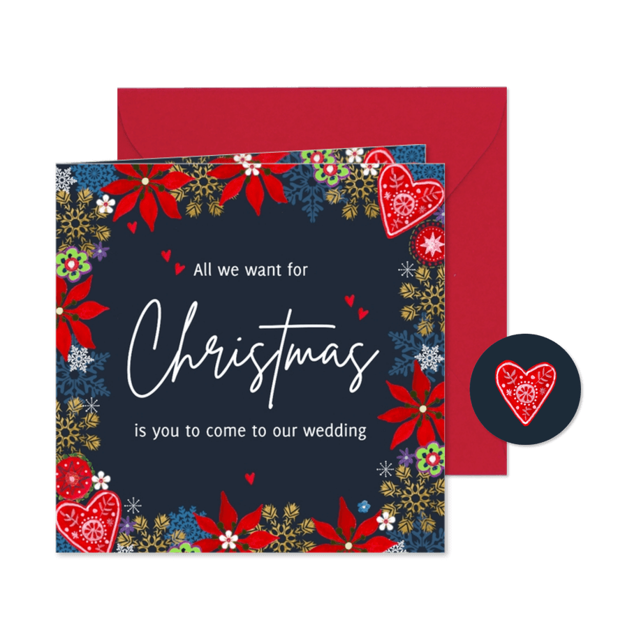 Kerstkaart Save the Date nordic hartje & bloemen - Kaartimpressie