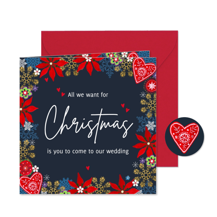 Kerstkaart Save the Date nordic hartje & bloemen - Kaartimpressie