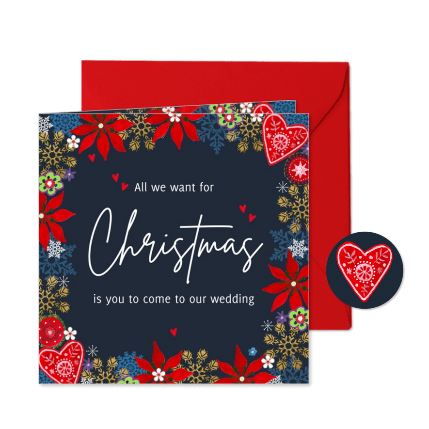 Kerstkaart Save the Date nordic hartje & bloemen - Kaartimpressie