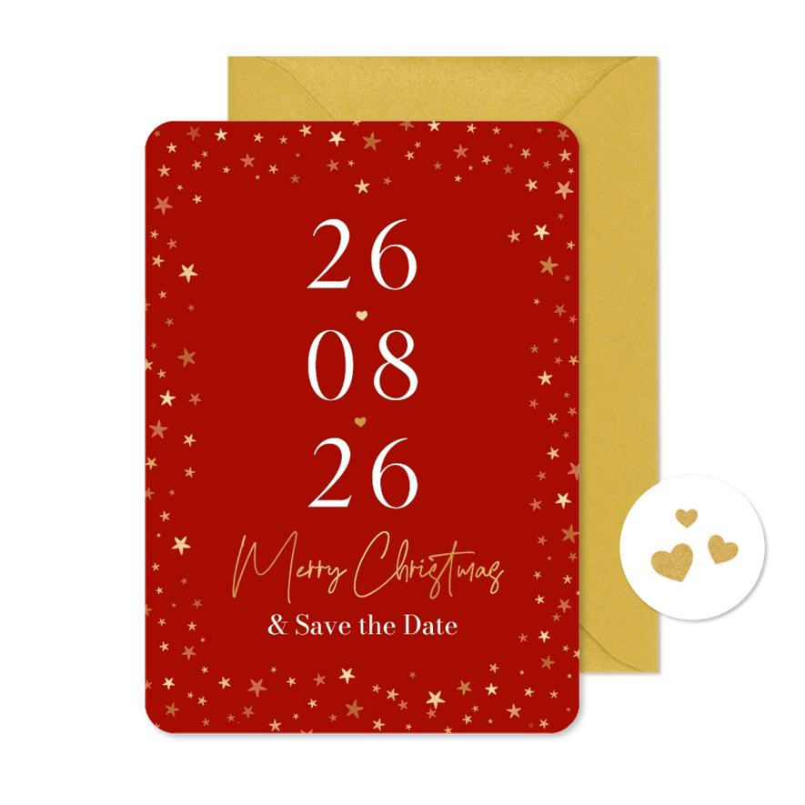 Kerstkaart save the date trouwkaart sterren goud liefde - Kaartimpressie