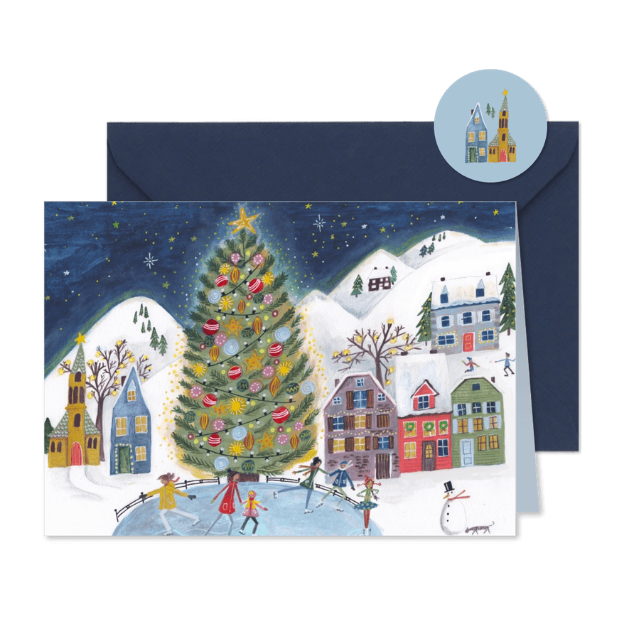 Kerstkaart schaatsen bij de kerstboom - Kaartimpressie