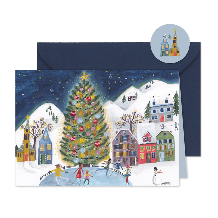 Kerstkaart schaatsen bij de kerstboom - Kaartimpressie
