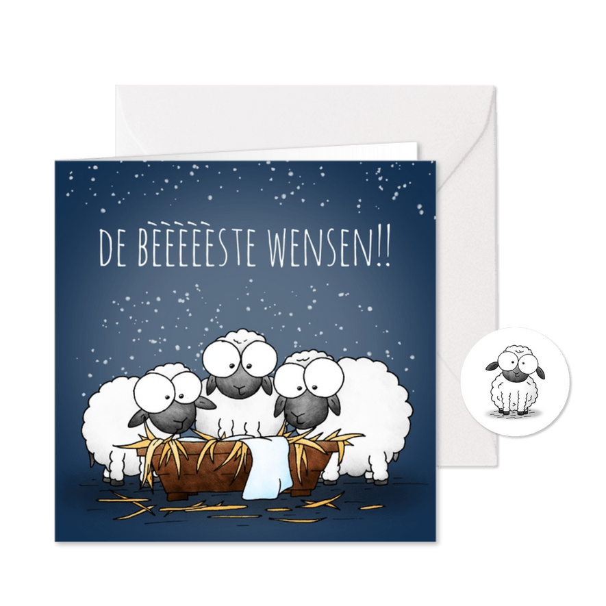 Kerstkaart schapen bij de kribbe - De bèèèèèste wensen! - Kaartimpressie