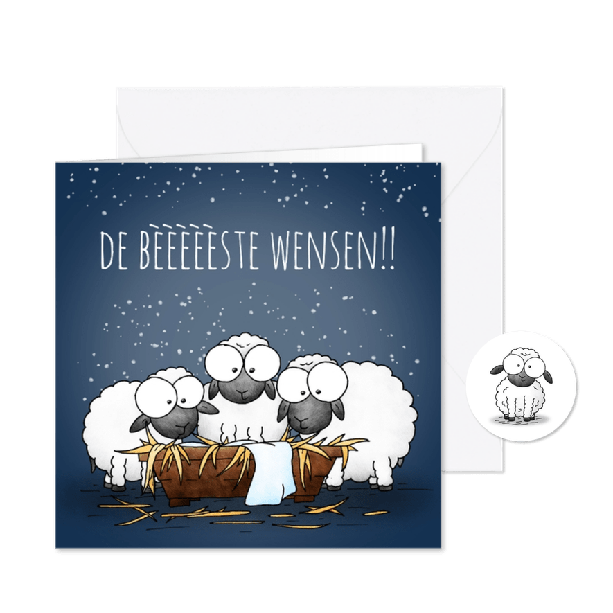 Kerstkaart schapen bij de kribbe - De bèèèèèste wensen! - Kaartimpressie
