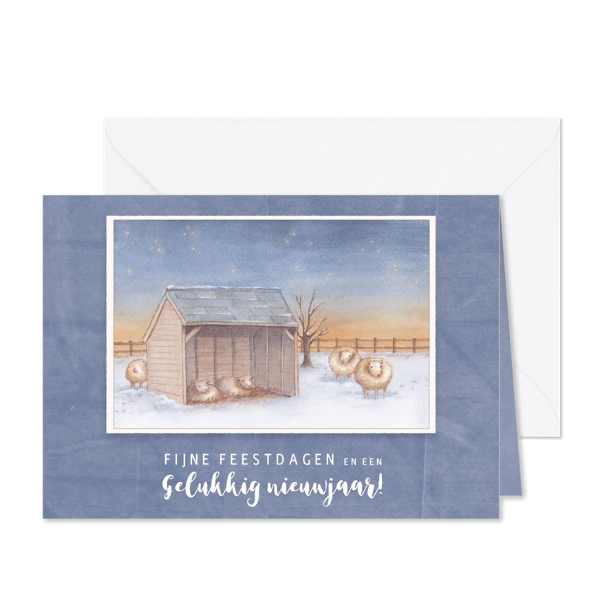 Kerstkaart schapen in een schuurtje - Kaartimpressie
