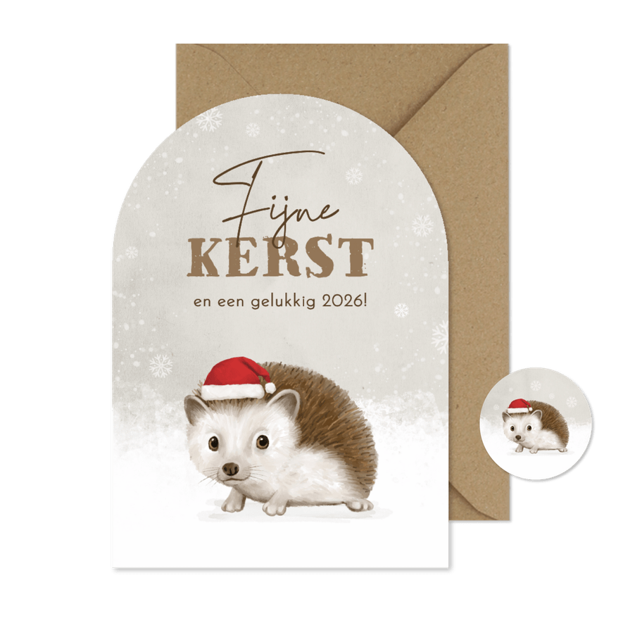 Kerstkaart schattig egeltje in de sneeuw kerstmuts - Kaartimpressie