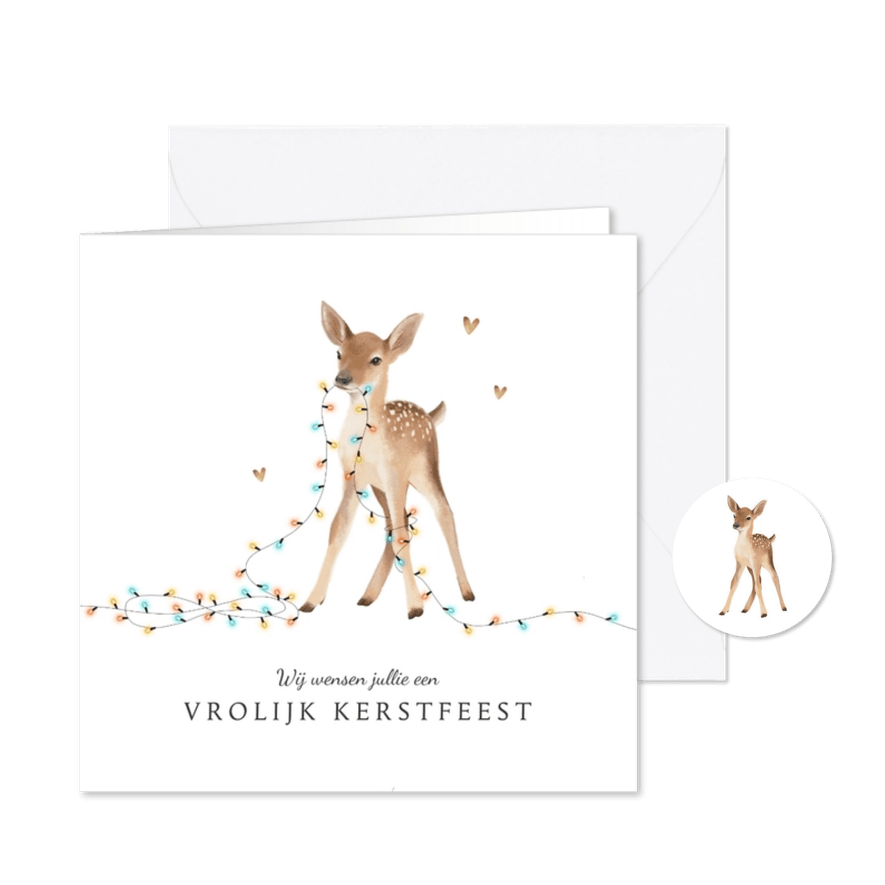 Kerstkaart schattig hertje lampjes hartjes - Kaartimpressie