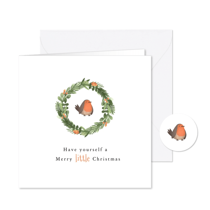 Kerstkaart schattig roodborstje krans merry little christmas - Kaartimpressie