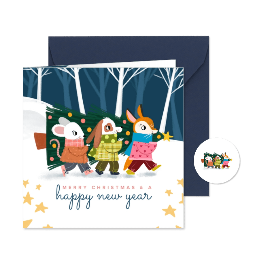 Kerstkaart Schattige bende met kerstboom vierkant - Kaartimpressie