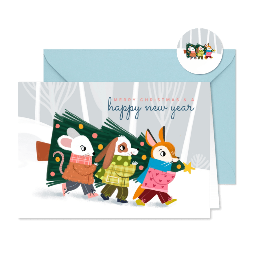 Kerstkaart schattige bende met kerstboom - Kaartimpressie
