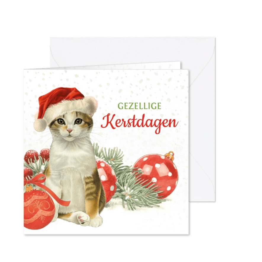Kerstkaart schattige kat met kerstmuts - Kaartimpressie