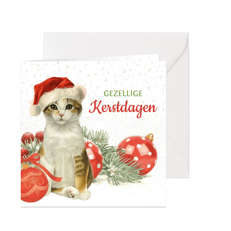 Kerstkaart schattige kat met kerstmuts - Kaartimpressie