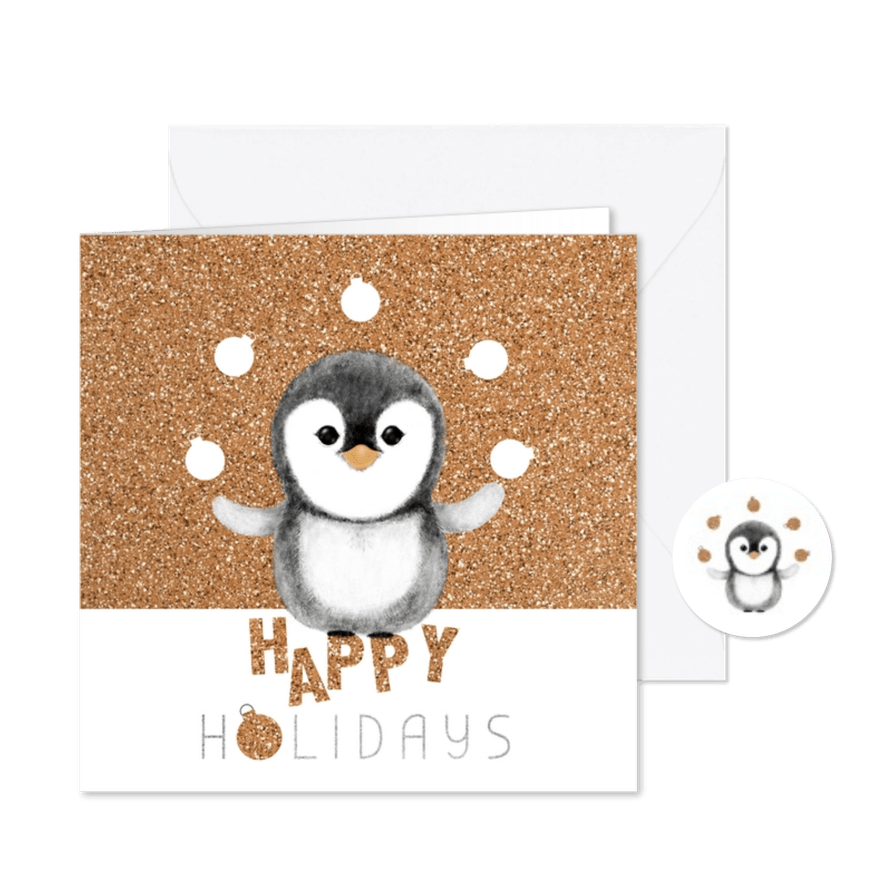 Kerstkaart schattige pinguïn met kerstballen - Kaartimpressie