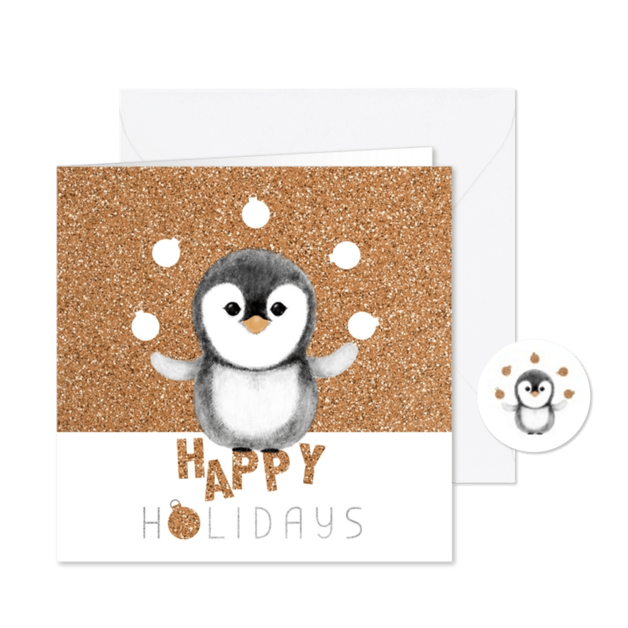 Kerstkaart schattige pinguïn met kerstballen - Kaartimpressie