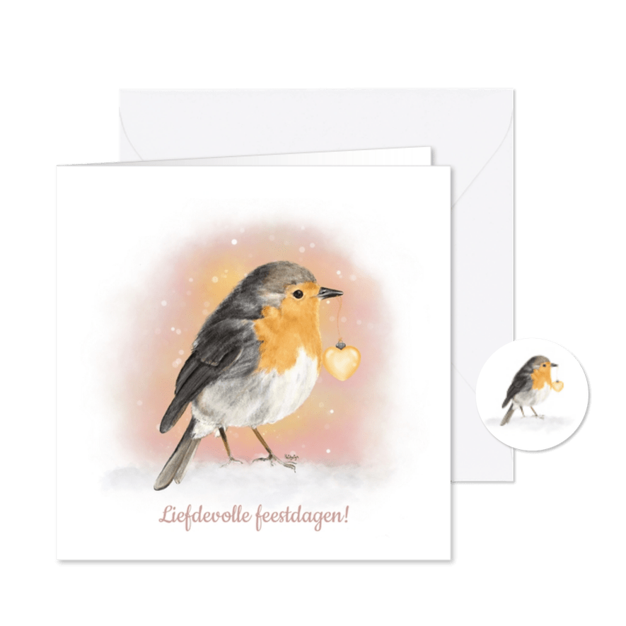 Kerstkaart schatttig roodborstje met een hartjes kerstbal - Kaartimpressie
